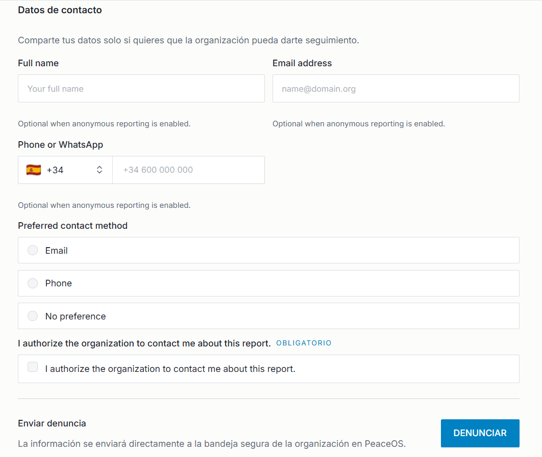 Formulario de reporte de vulneraciones en PeaceOS